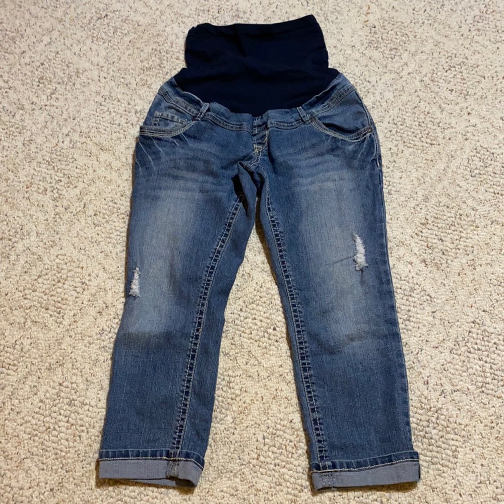 Wallflower Maternity Jeans Size LG Dark Wash Distressed Bootcut Embellished Stud